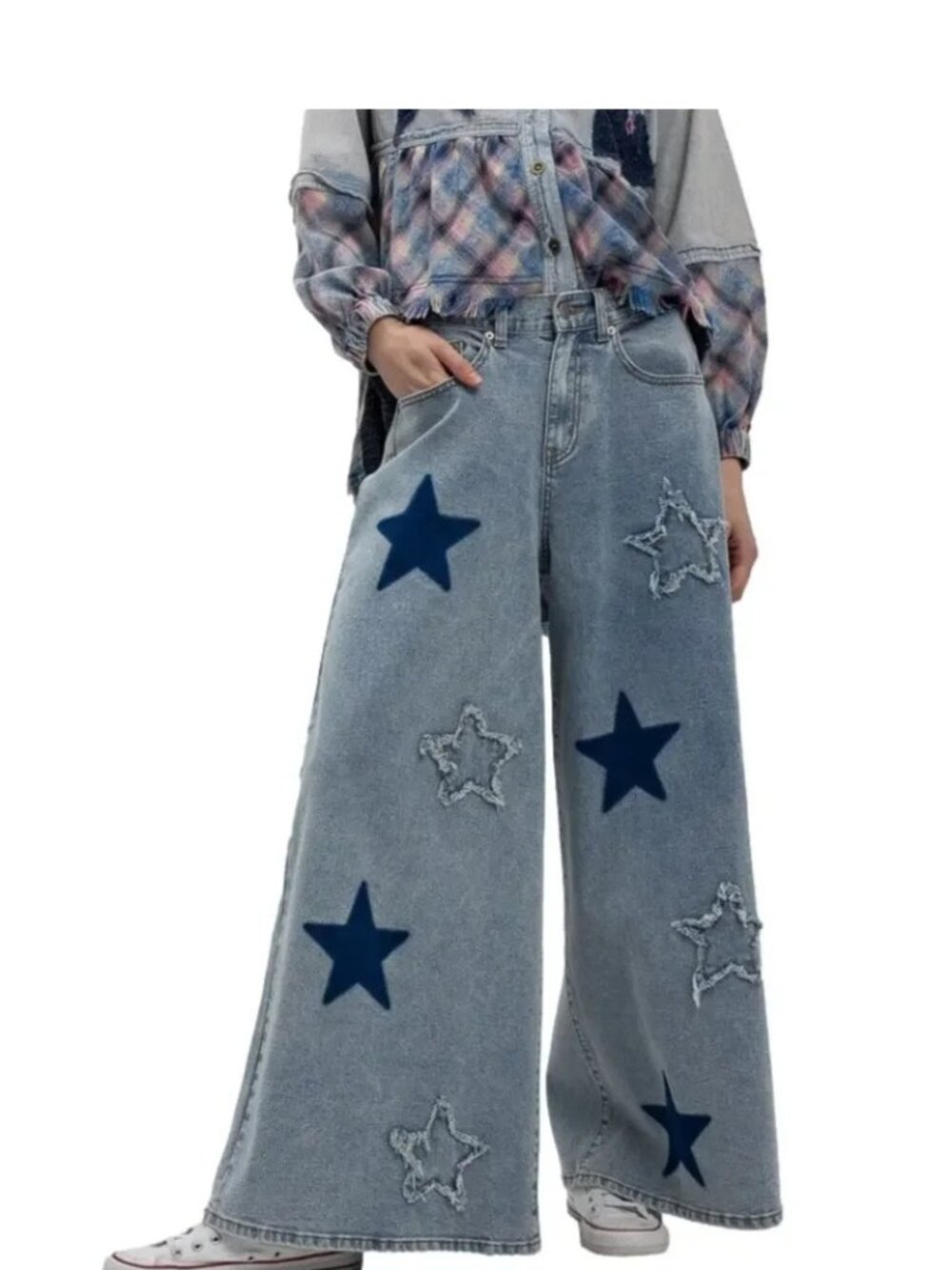 Blue Velvet STAR PATCH Mineral Washed Wide Leg Stretch Denim Pants – Size M – NW